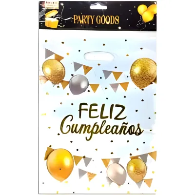 BOLSAS PLASTICAS FELIZ CUMPLEAÑOS BLANCAS 10 UNIDADES