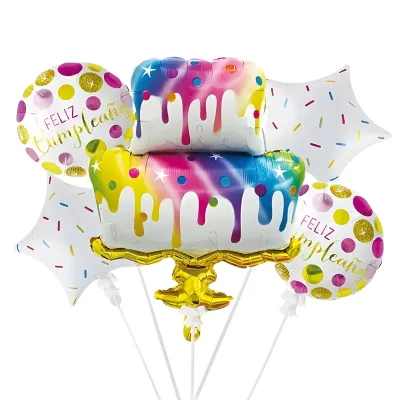 SET GLOBOS FOIL 5 PIEZAS FELIZ CUMPLEAÑOS TORTA X10