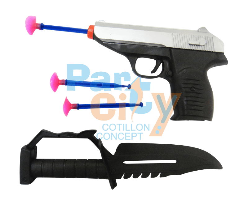 revolver con dardos y cuchillo