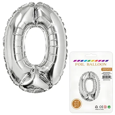 Globo Inflable Metalizado Plateado Numero 0 16 Pulgadas/40 Cm X10 Unidades