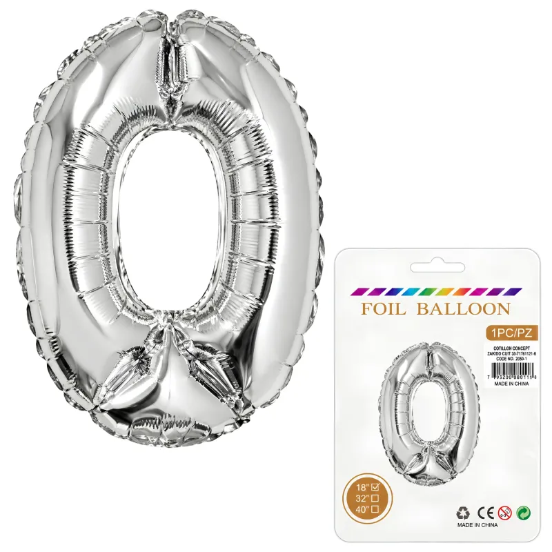 Globo Inflable Metalizado Plateado Numero 0 16 Pulgadas/40 Cm X10 Unidades