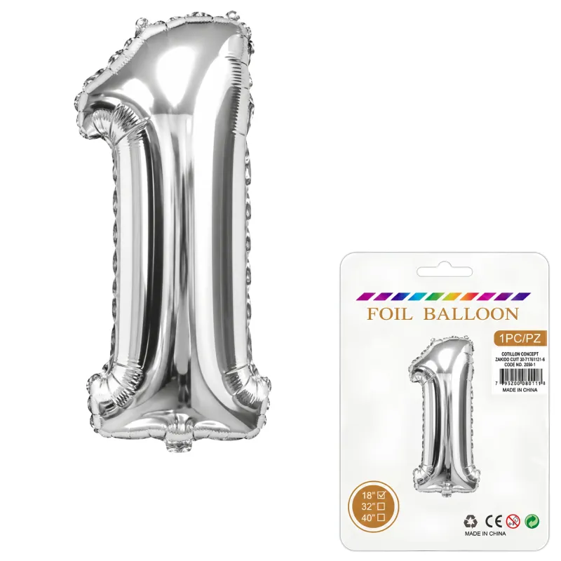 Globo Inflable Metalizado Plateado Numero 1 16 Pulgadas/40 Cm X10 Unidades