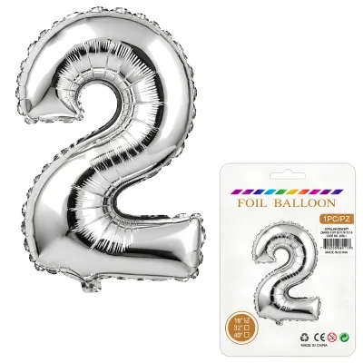 Globo Inflable Metalizado Plateado Numero 2 16 Pulgadas/40 Cm X10 Unidades
