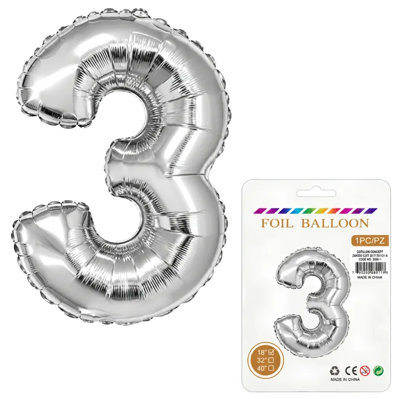Globo Inflable Metalizado Plateado Numero 3 16 Pulgadas/40 Cm X10 Unidades