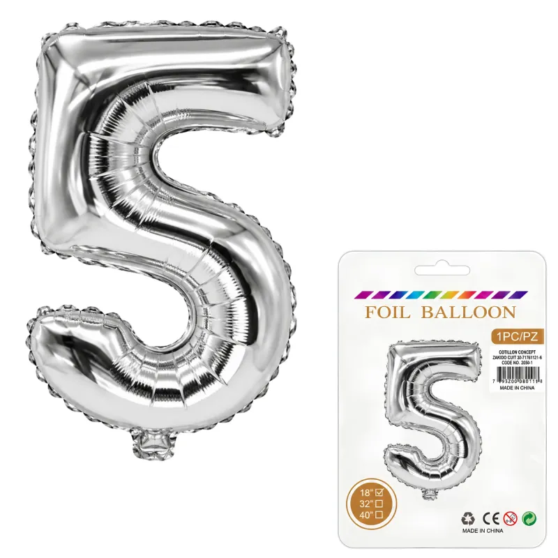Globo Inflable Metalizado Plateado Numero 5 16 Pulgadas/40 Cm X10 Unidades