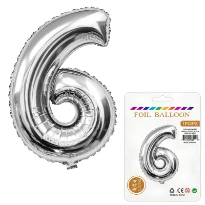 Globo Inflable Metalizado Plateado Numero 6 16 Pulgadas/40 Cm X10 Unidades