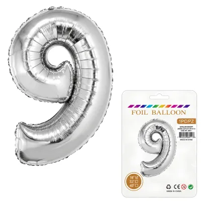 Globo Inflable Metalizado Plateado Numero 9 16 Pulgadas/40 Cm X10 Unidades