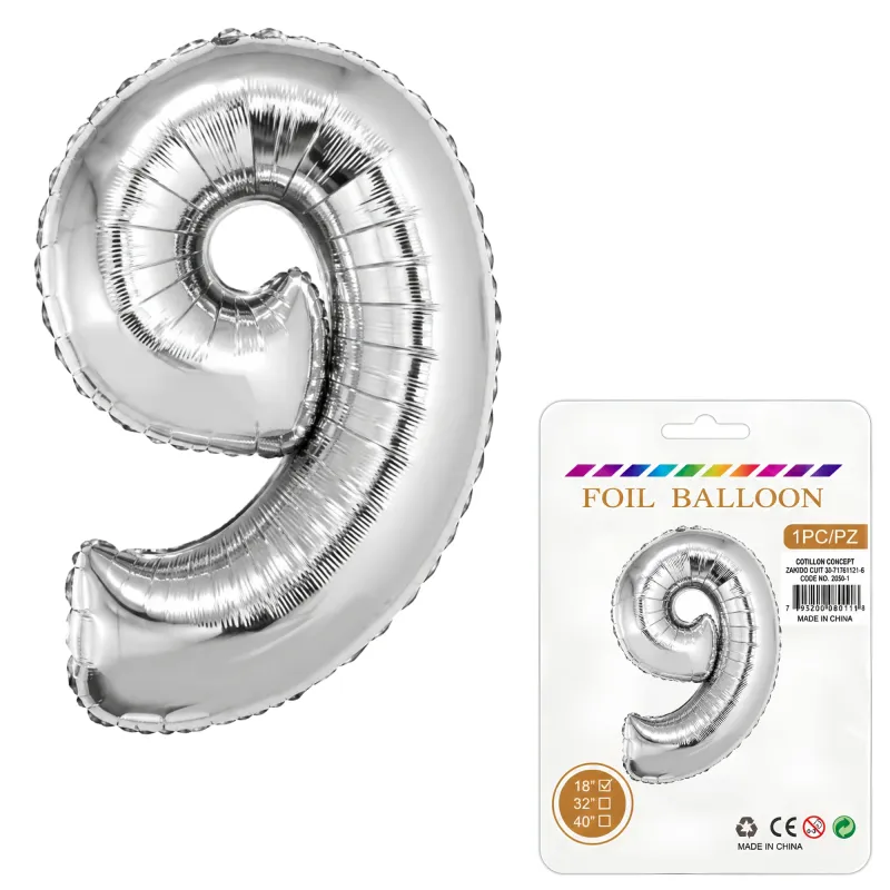 Globo Inflable Metalizado Plateado Numero 9 16 Pulgadas/40 Cm X10 Unidades