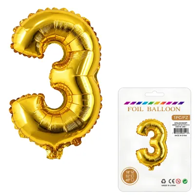 Globo Inflable Metalizado Dorado Numero 3 16 Pulgadas/40 Cm X10 Unidades
