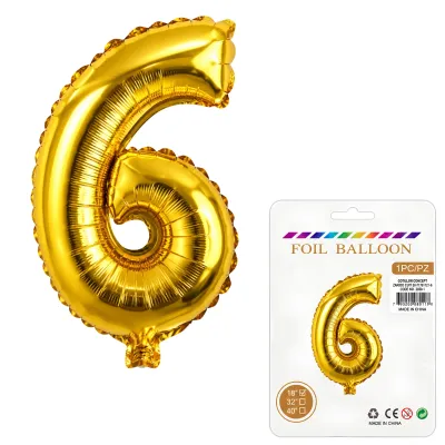 Globo Inflable Metalizado Dorado Numero 6 16 Pulgadas/40 Cm X10 Unidades