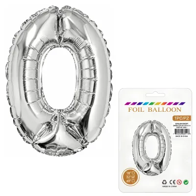 Globo Inflable Metalizado Plateado Numero 0 32 Pulgadas/80 Cm X10 Unidades