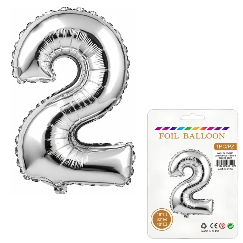 Globo Inflable Metalizado Plateado Numero 2 32 Pulgadas/80 Cm X10 Unidades
