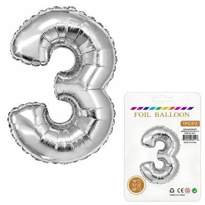 Globo Inflable Metalizado Plateado Numero 3 32 Pulgadas/80 Cm X10 Unidades