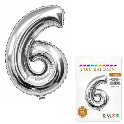 Globo Inflable Metalizado Plateado Numero 6 32 Pulgadas/80 Cm X10 Unidades
