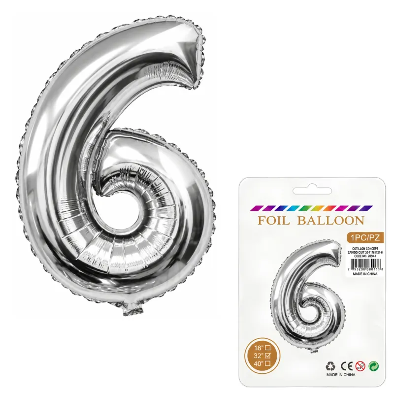 Globo Inflable Metalizado Plateado Numero 6 32 Pulgadas/80 Cm X10 Unidades
