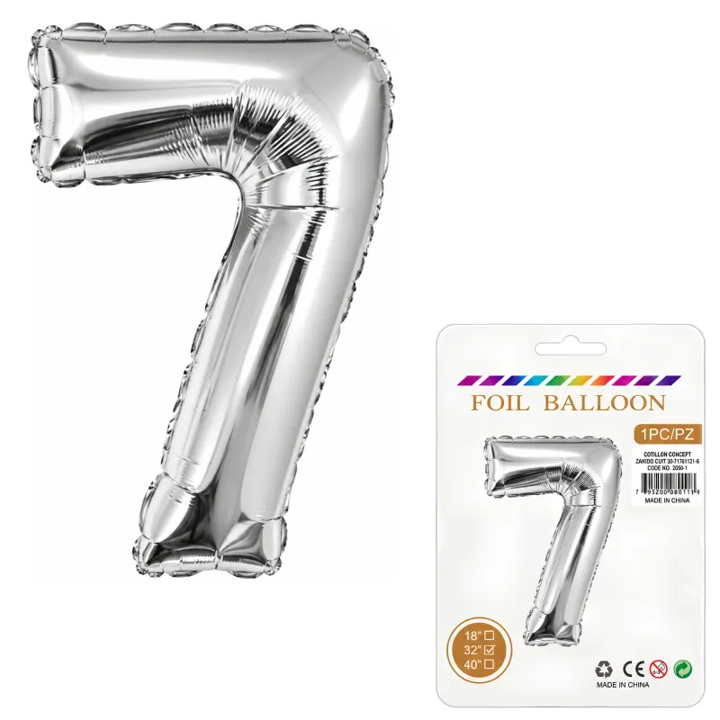 Globo Inflable Metalizado Plateado Numero 7 32 Pulgadas/80 Cm X10 Unidades