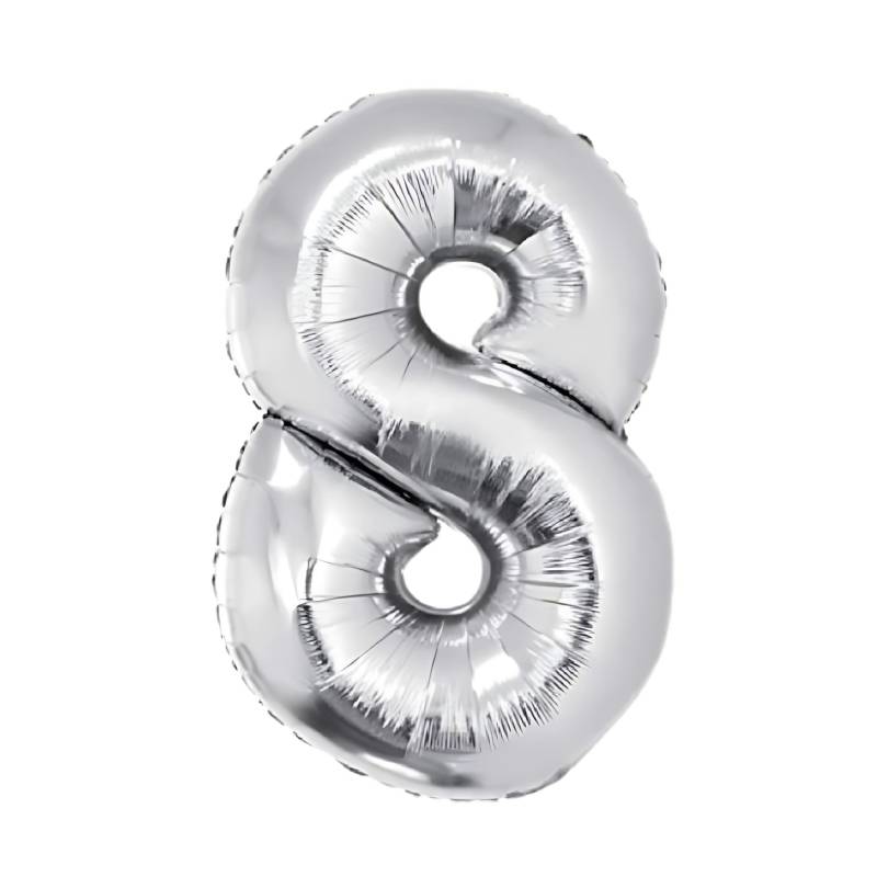 GLOBO INFLABLE METALIZADO PLATA NUMERO 8 32 PULGADAS/80 CM X10 UNIDADES