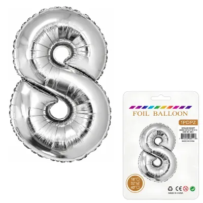 Globo Inflable Metalizado Plateado Numero 8 32 Pulgadas/80 Cm X10 Unidades