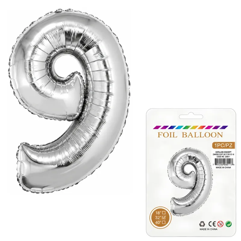 Globo Inflable Metalizado Plateado Numero 9 32 Pulgadas/80 Cm X10 Unidades