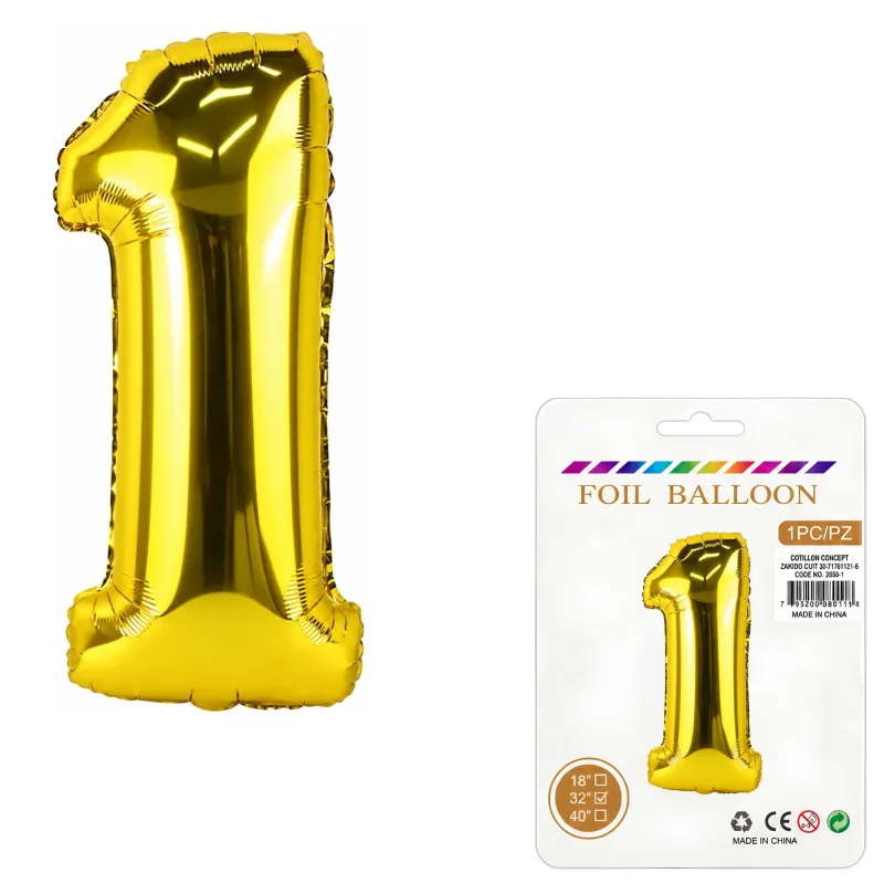 Globo Inflable Metalizado Dorado Numero 1 32 Pulgadas/80 Cm X10 Unidades