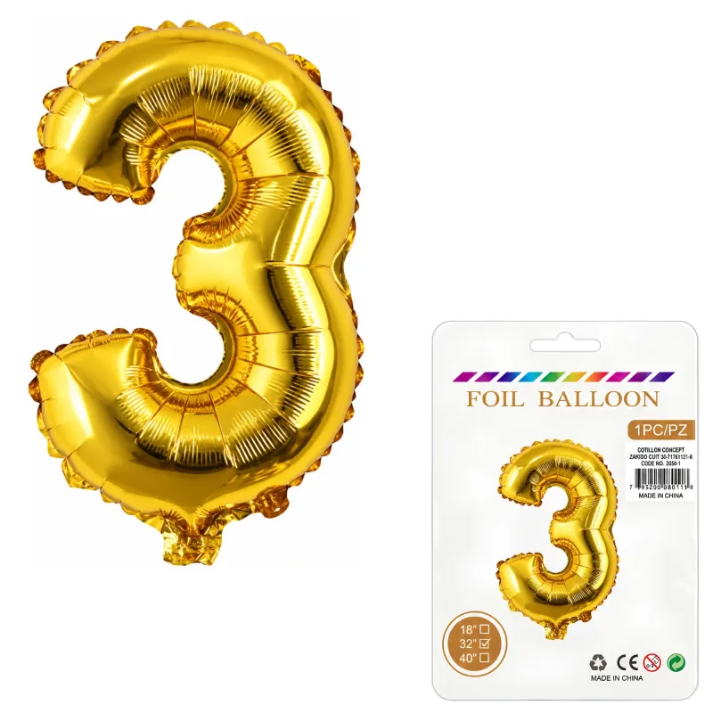 Globo Inflable Metalizado Dorado Numero 3 32 Pulgadas/80 Cm X10 Unidades
