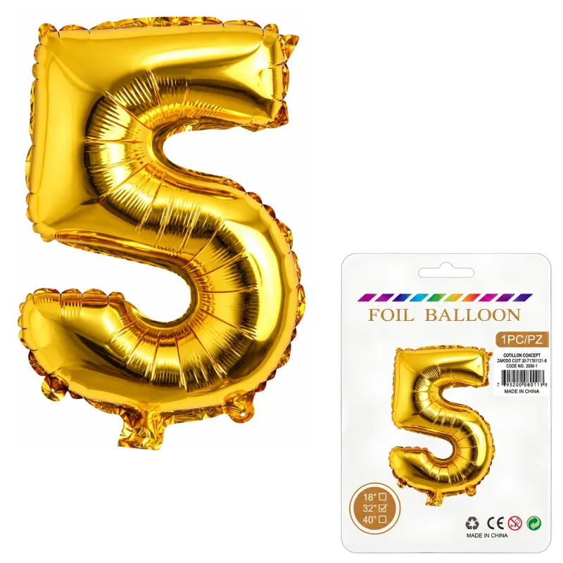Globo Inflable Metalizado Dorado Numero 5 32 Pulgadas/80 Cm X10 Unidades