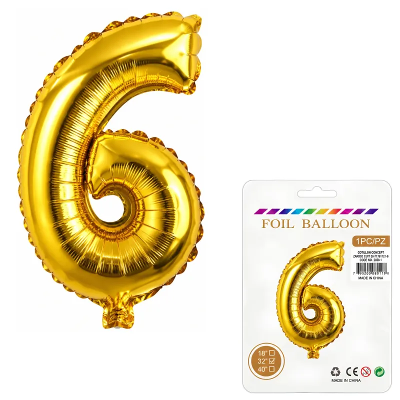Globo Inflable Metalizado Dorado Numero 6 32 Pulgadas/80 Cm X10 Unidades