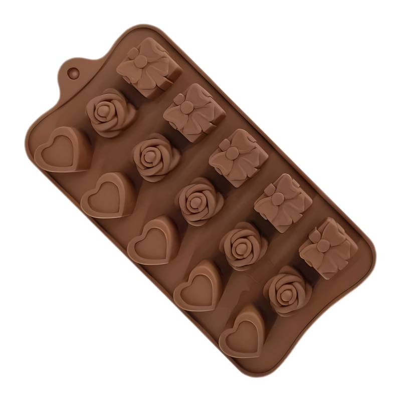 MOLDE DE SILICONA PARA BOMBONES X10 FORMA DE CORAZON, MOÑO Y FLOR