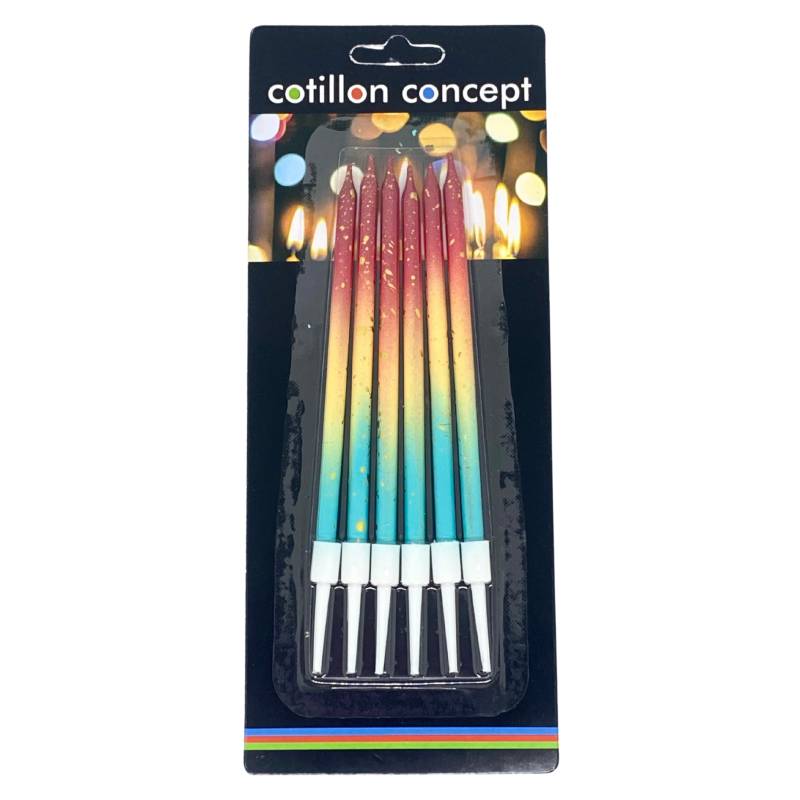 VELAS DEGRADE ROJO, AMARILLO Y CELESTE BLISTER X6 UNIDADES