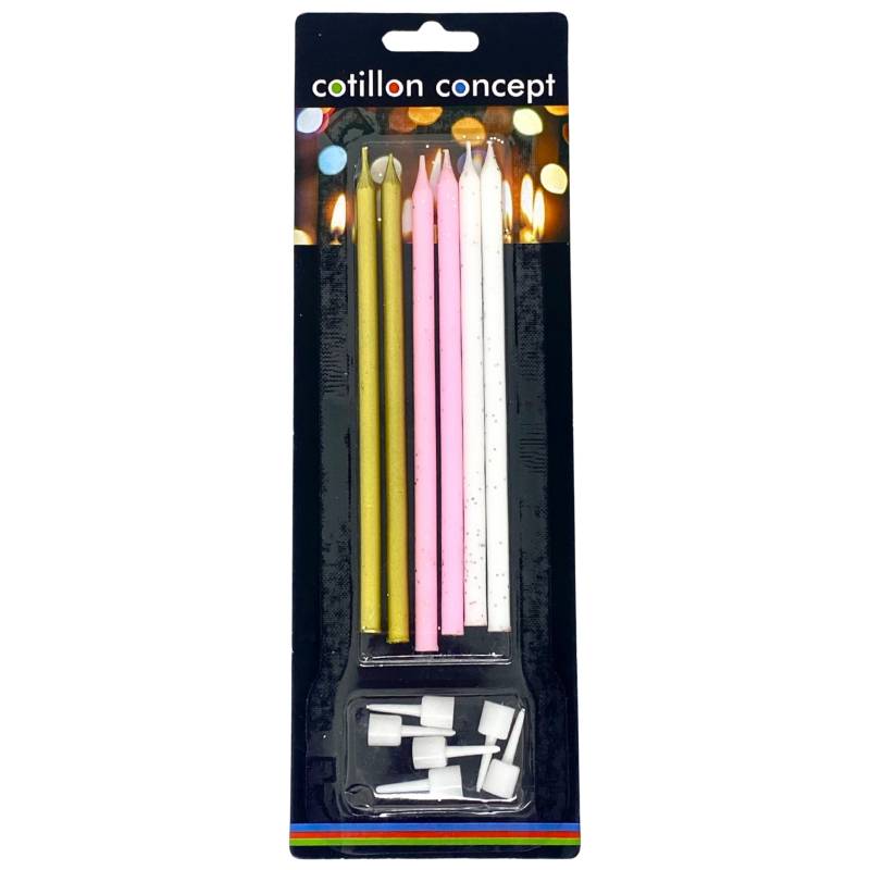 VELAS TRES COLORES DORADO, BLANCO Y ROSA X6 UNIDADES
