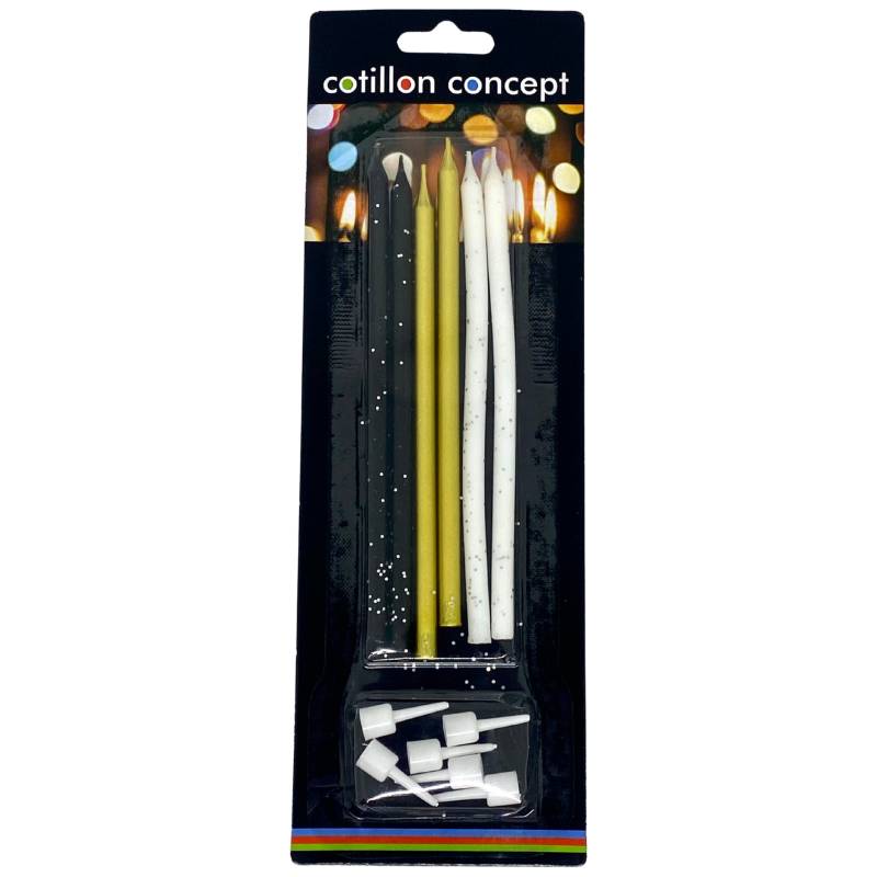 VELAS TRES COLORES DORADO, BLANCO Y NEGRO X6 UNIDADES