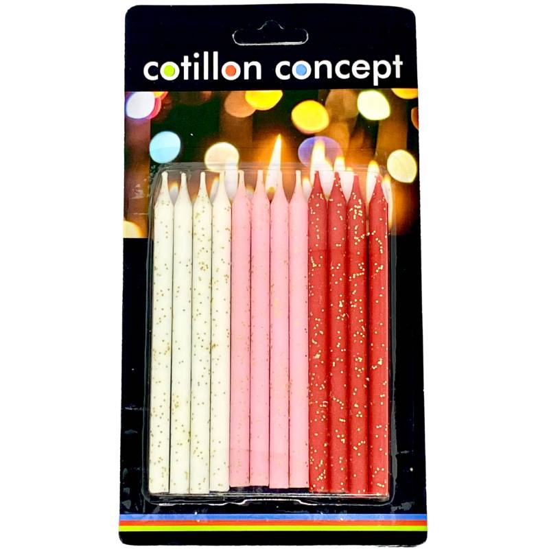 VELAS CON BRILLO BLANCO, ROSA Y ROJO X12 UNIDADES