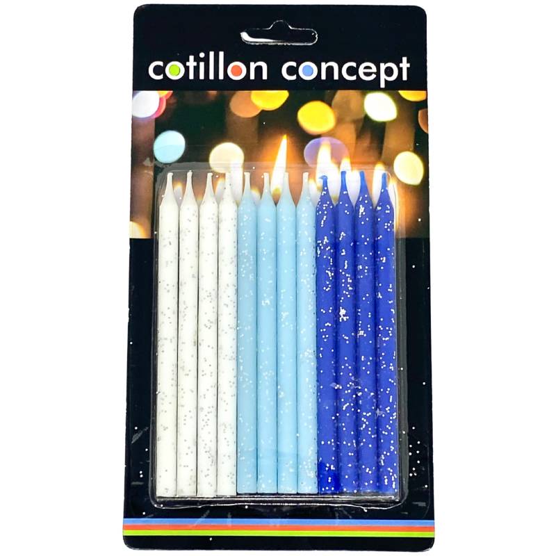 VELAS CON BRILLO BLANCO, CELESTE Y AZUL X12 UNIDADES