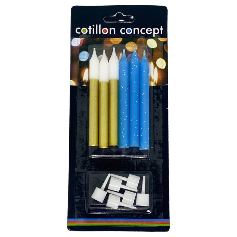 VELAS COMBINADAS CELESTE Y DORADO BLISTER X6 UNIDADES