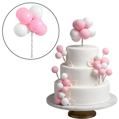 Cake Topper Ramo Bolitas Rosa Y Blanco X10
