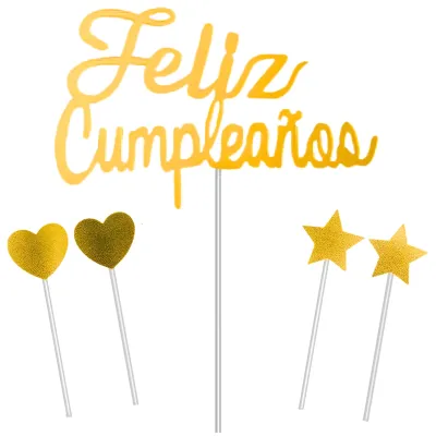 SET CAKE TOPPER FELIZ CUMPLEAÑOS DORADO