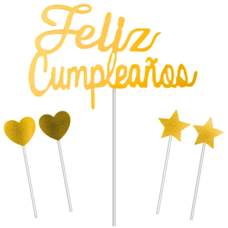 SET CAKE TOPPER FELIZ CUMPLEAÑOS DORADO