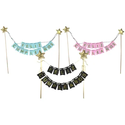 SET CAKE TOPPER BANDERIN FELIZ CUMPLEAÑOS X12 SURTIDOS
