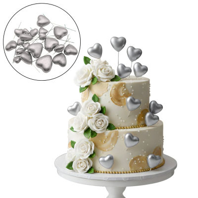 SET CAKE TOPPER CORAZONES VARIOS TAMAÑOS X12 PLATEADO