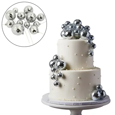 SET CAKE TOPPER BOLA DISCO VARIOS TAMAÑOS X12 PLATEADO