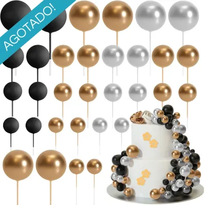 Set Cake Topper Bolitas X24 Unidades Negro, Dorado Y Plateado