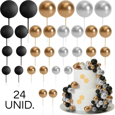 SET CAKE TOPPER BOLITAS X24 UNIDADES NEGRO, DORADO Y PLATEADO