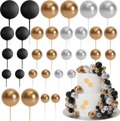 SET CAKE TOPPER BOLITAS X24 UNIDADES NEGRO, DORADO Y PLATEADO