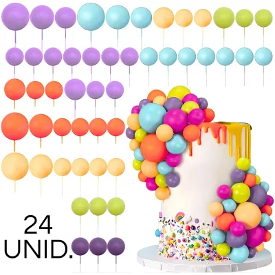 SET CAKE TOPPER BOLITAS X24 UNIDADES ROSA, CELESTE, AMARILLO, VERDE, NARANJA Y VIOLETA