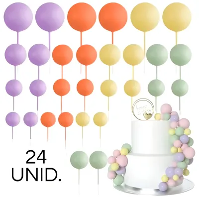 SET CAKE TOPPER BOLITAS X24 UNIDADES LILA, ROSA, AMARILLO Y VERDE