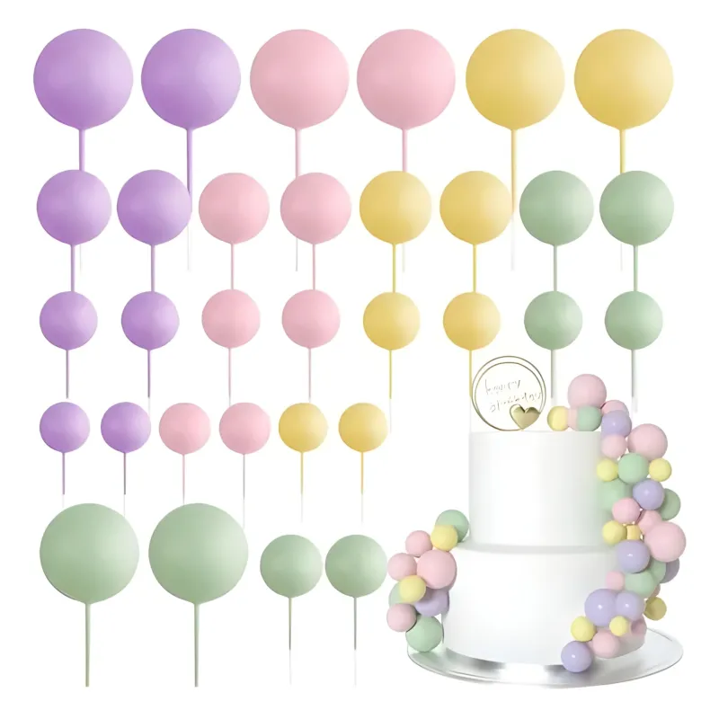 SET CAKE TOPPER BOLITAS X24 UNIDADES LILA, ROSA, AMARILLO Y VERDE
