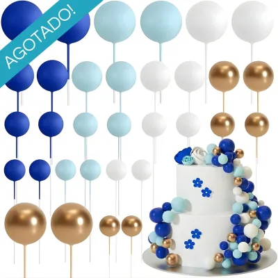 Set Cake Topper Bolitas X24 Unidades Azul, Celeste, Blanco Y Dorado