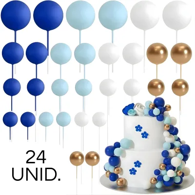 SET CAKE TOPPER BOLITAS X24 UNIDADES AZUL, CELESTE, BLANCO Y DORADO