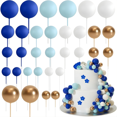 SET CAKE TOPPER BOLITAS X24 UNIDADES AZUL, CELESTE, BLANCO Y DORADO