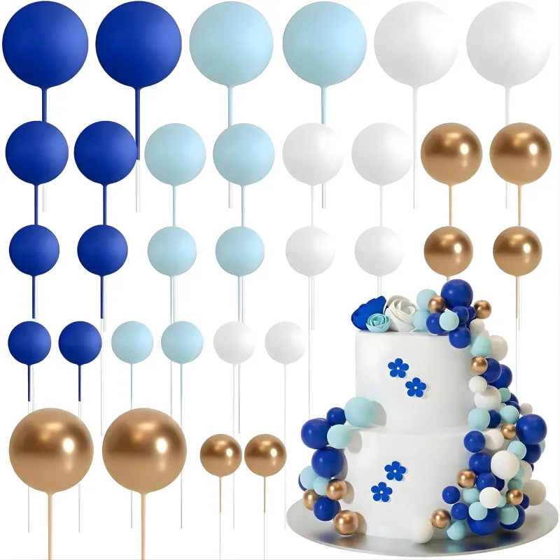 SET CAKE TOPPER BOLITAS X24 UNIDADES AZUL, CELESTE, BLANCO Y DORADO